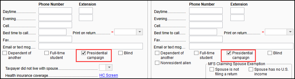 Image of the "presidential campaign" check box on screen 1.